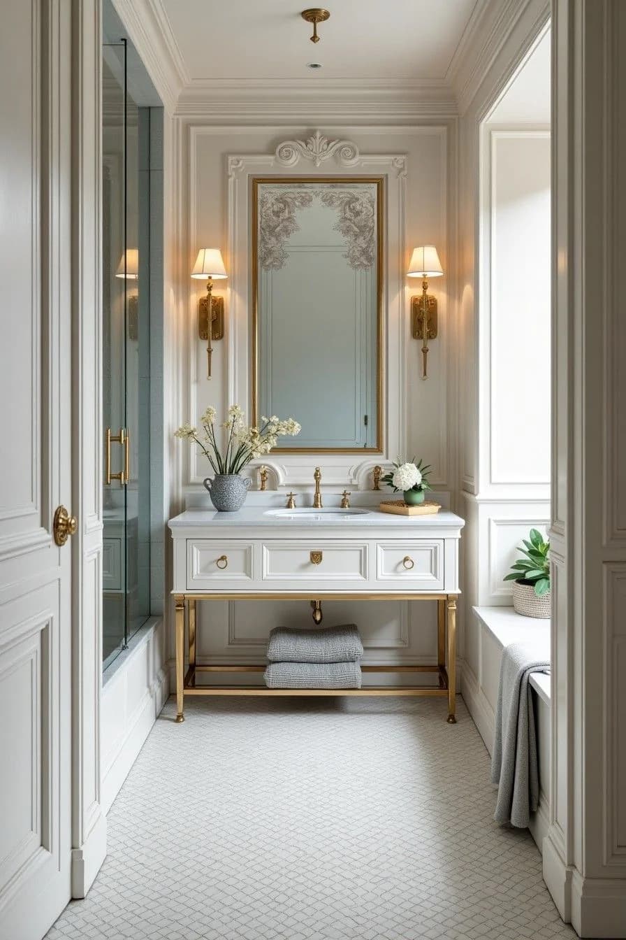 Elegant bathroom vanity with ornate mirror and marble finishes