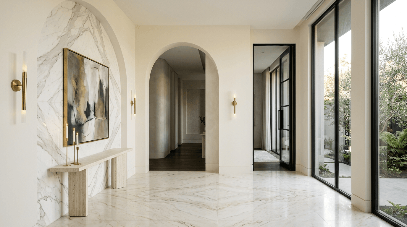Marble entry hall framed by a sweeping plaster arch with book-matched Calacatta and brushed brass sconces