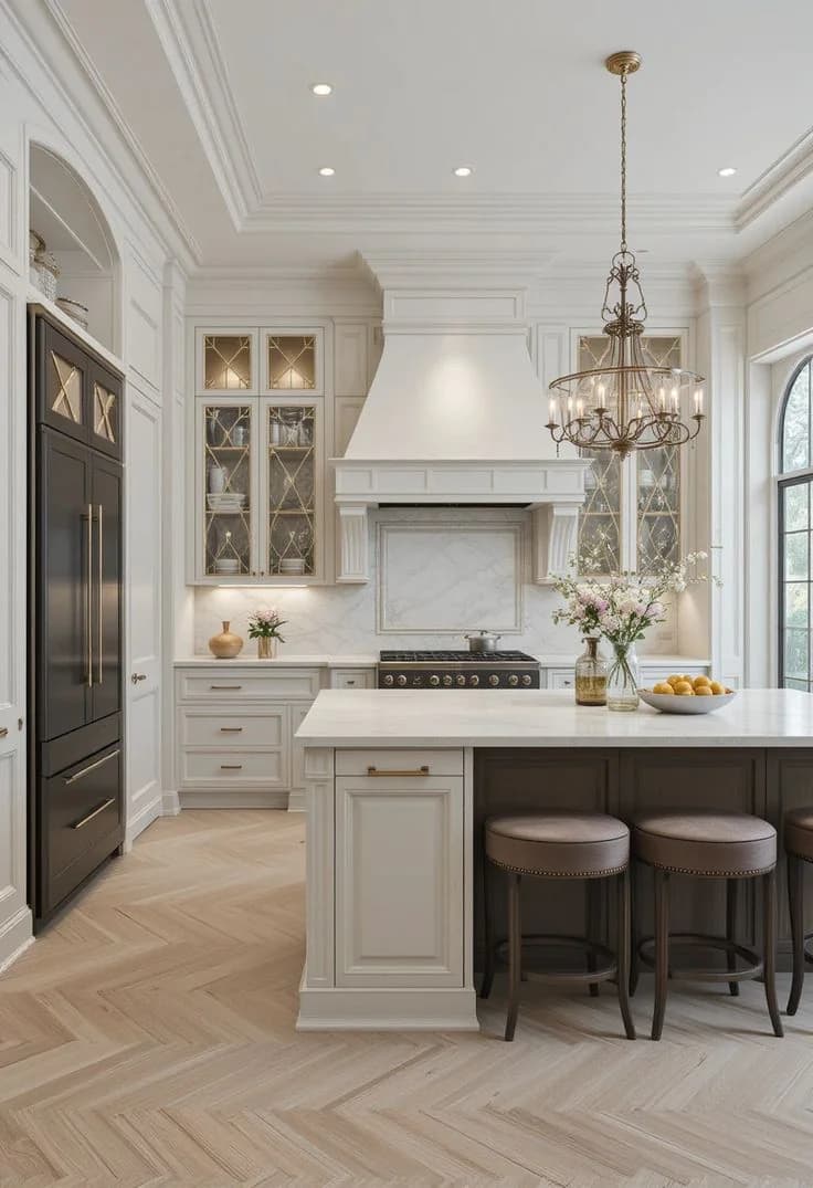 Luxury kitchen with herringbone floors and marble island by Katsaros Build